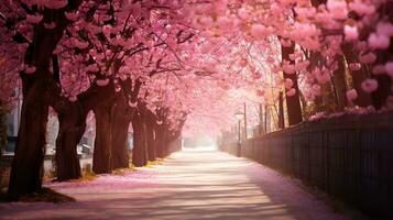 ai gegenereerd steeg met roze sakura bomen, helder zonnig dag. ai gegenereerd beeld foto