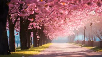 ai gegenereerd steeg met roze sakura bomen, helder zonnig dag. ai gegenereerd beeld foto