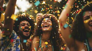 ai gegenereerd braziliaans carnaval. groep van vrienden vieren carnaval partij foto