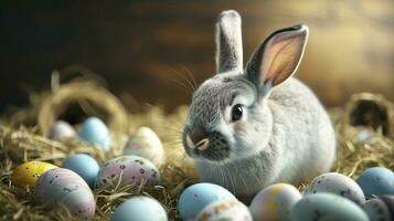 ai gegenereerd gelukkig Pasen konijn met veel kleurrijk Pasen eieren foto