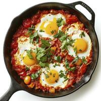 ai gegenereerd heerlijk Shakshuka in frituren pan geïsoleerd Aan wit, top visie. foto