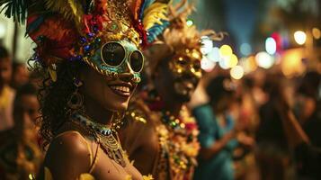 ai gegenereerd braziliaans carnaval. paar in kostuum genieten van de carnaval partij in de stad foto