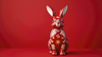 ai gegenereerd rood konijn origami geïsoleerd Aan een rood achtergrond foto