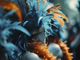 ai gegenereerd carnaval dansers met blauw en oranje veer foto