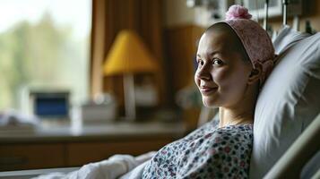 ai gegenereerd vrouw met een kaal hoofd in een ziekenhuis bed wereld kanker dag concept. foto