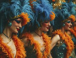 ai gegenereerd carnaval dansers met blauw en oranje veer foto