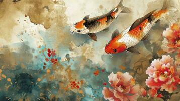 ai gegenereerd Aziatisch achtergrond, oosters Japans stijl abstract patroon achtergrond ontwerp met koi vis versieren in waterverf structuur foto