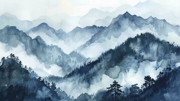 ai gegenereerd een waterverf landschap van sereen bergen, geïnspireerd door de Chinese stijl van klassiek traditioneel inkt schilderen. foto