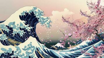 ai gegenereerd abstract hokusai stijl achtergrond. golven, zee, roze sakura bomen. foto