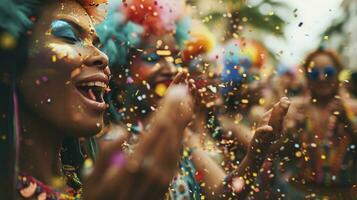 ai gegenereerd braziliaans carnaval. jong Dames in kostuum genieten van de carnaval partij blazen confetti. foto