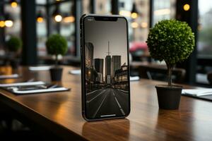 ai gegenereerd smartphone Aan de tafel foto