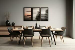 ai gegenereerd 3d weergegeven minimaal stijl modern dining kamer met en interieur ontwerp met stoel en dining tafel foto