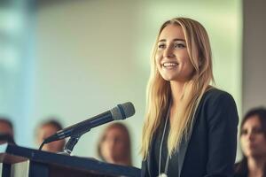 ai gegenereerd vrouw spreker geven een praten Aan zakelijke bedrijf conferentie. onherkenbaar mensen in publiek Bij conferentie hal. bedrijf en ondernemerschap evenement foto