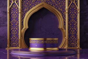 ai gegenereerd gouden en Purper Islamitisch podium achtergrond met overladen ontwerp foto