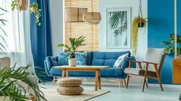 ai gegenereerd leven kamer interieur ontwerp met sofa minimaal esthetisch blauw fluweel 3d weergegeven foto