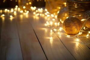 ai gegenereerd leeg rustiek houten tafel in voorkant van Kerstmis licht nacht, abstract circulaire bokeh achtergrond foto
