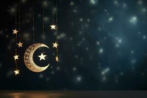 ai gegenereerd maan en sterren Ramadan kareem blauw achtergrond foto