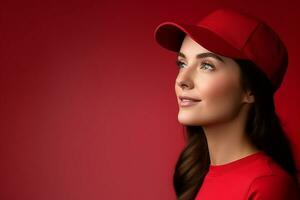 ai gegenereerd verbijsterend model- met hoed tegen rood backdrop denken concept foto