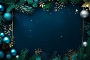 ai gegenereerd Kerstmis samenstelling van Spar boom takken met kerstballen foto