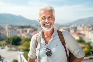 ai gegenereerd portret van gewoontjes ouder Mens in de stad foto