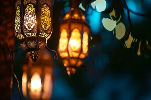 ai gegenereerd een verlichte Arabisch kleurrijk hangende Ramadan lantaarn foto
