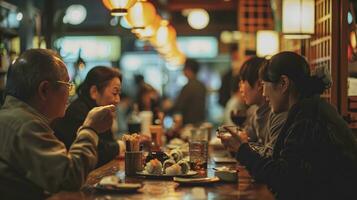 ai gegenereerd verschillend en gemengd groep van mensen hebben een vergadering Bij een Japans gestileerd sushi restaurant foto