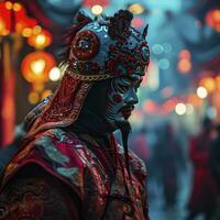ai gegenereerd Chinese Mens met een Chinese nieuw jaar kostuum in een stad Bij de nacht. foto