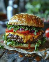ai gegenereerd een mooi hamburger met rundvlees, Amerikaans kaas, latus groente en tomaat Aan een houten tafel foto