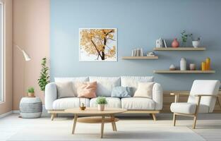 ai gegenereerd mooi modern leven kamer met pastel blauw muur foto