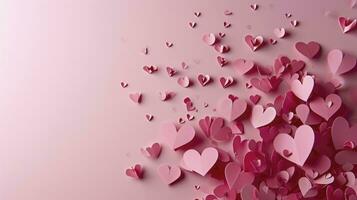 ai gegenereerd papier roze harten vlieg Aan zacht roze kleur achtergrond, grens, kopiëren ruimte. Valentijn dag concept voor ontwerp. foto