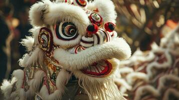 ai gegenereerd Chinese traditioneel leeuw dans kostuum het uitvoeren van Bij een tempel in China, maan- nieuw jaar viering, Chinese nieuw jaar foto