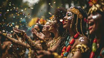ai gegenereerd braziliaans carnaval. jong Dames in kostuum genieten van de carnaval partij blazen confetti. foto