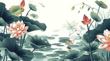 ai gegenereerd Chinese en Japans stijl water botanisch grafisch kader foto
