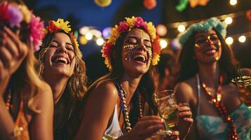 ai gegenereerd braziliaans carnaval. groep van vrienden vieren carnaval partij foto