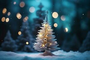 ai gegenereerd verlichte pijnboom Kerstmis boom besneeuwd Woud nacht foto