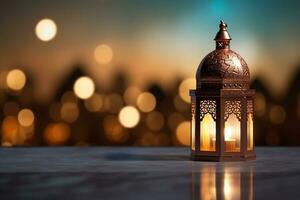 ai gegenereerd sier- Arabisch lantaarn gloeiend Aan tafel voor moslim heilig maand Ramadan kareem foto