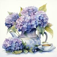 ai gegenereerd waterverf hortensia's in theepot geïsoleerd Aan wit achtergrond. ai gegenereerd foto