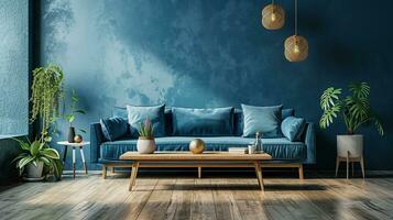 ai gegenereerd leven kamer interieur ontwerp met sofa minimaal esthetisch licht blauw fluweel 3d weergegeven foto