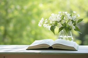 ai gegenereerd jasmijn bloemen in een vaas en Open boek Aan de tafel, groen natuurlijk achtergrond. ai gegenereerd foto