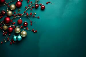 ai gegenereerd Kerstmis vakantie samenstelling van Spar boom takken met kerstballen kopiëren ruimte foto