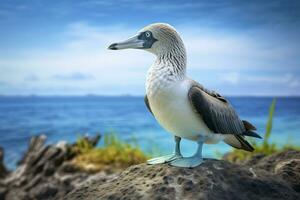 ai gegenereerd de bijzonder blauwvoetig domoor rust Aan de strand. ai gegenereerd foto