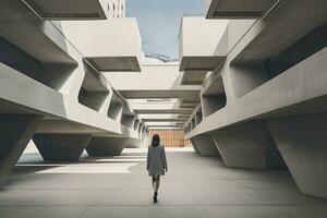 ai gegenereerd vrouw wandelen in futuristische brutalist stad straat. ai gegenereerd. foto