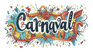 ai gegenereerd hand- getrokken carnaval belettering. carnaval titel met kleurrijk partij elementen, confetti en Brasil samba dansen foto