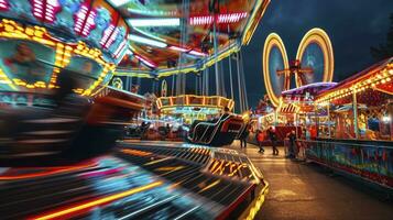 ai gegenereerd kermis en carnaval ritten en attracties gloeiend Bij nacht. foto