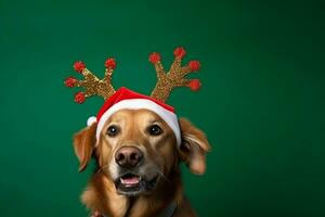 ai gegenereerd portret van een schattig puppy vervelend een Kerstmis rendier hoofdband foto