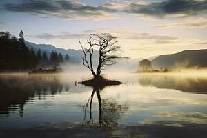 ai gegenereerd wanaka's eenzaam wilg boom welke is gelegen alleen maar uit van de meer oever. ai gegenereerd foto