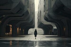 ai gegenereerd vrouw wandelen in futuristische brutalist stad straat. ai gegenereerd. foto