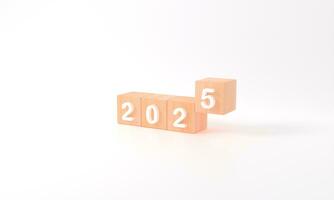 3d renderen van bedrijf doelen in 2025 concept. gelukkig nieuw jaar houten kubussen 2025 met wit achtergrond. kopiëren ruimte voor uw beginnend bedrijf plan. illustratie minimaal gemakkelijk doelwit kalender jaar foto