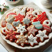 ai gegenereerd een dichtbij omhoog van smakelijk eigengemaakt Kerstmis koekjes Aan een bord foto