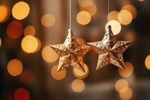 ai gegenereerd selectief focus schot van ster ornament hangende Aan Kerstmis boom foto